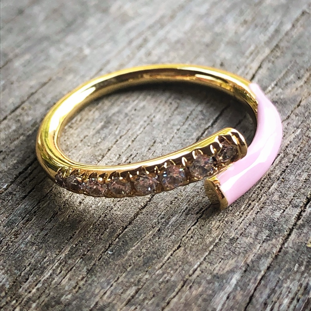 YG Plated Pink Enamel & CZ Adjustable Ring